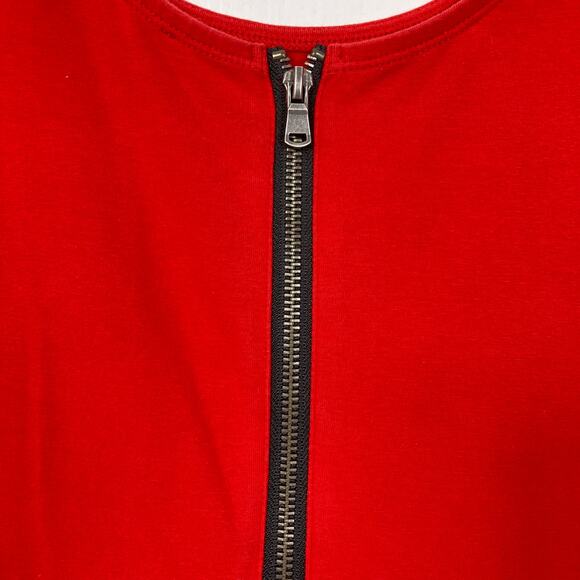 NWOT EXPRESS Top M Red Scoop-Neck Peplum Flounce Zip Stretch Cotton Long-Sleeve - Picture 5 of 5